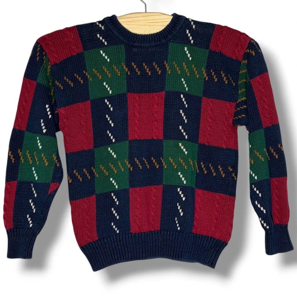 Vintage St Johns Bay Mens Large Navy Red Green Plaid Cable Knit Sweater Textured